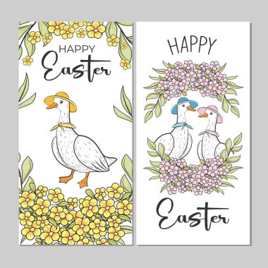 vector set of Easter social media templates. Geese in hats and a frame of spring flowers. Vintage style.