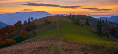 Alacakaranlıkta kırsal dağ manzarası. Çimenli çayırlar ve Karpat kırsal manzarasının ormanlı tepeleri sıcak bir sonbahar akşamında. Bulutlu bir gökyüzünün altındaki uzaklık. Ukrayna 'nın güzelliğini keşfetmek
