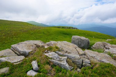 Yağmurlu bir günde Karpatlar 'ın dağ manzarası. Çimenli tepeler ve çayırlardaki taşlar ve kayalar. öngörülemeyen hava tahmini kavramı