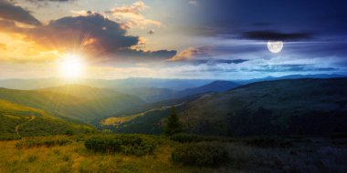 view in to the mountain valley at twilight. day and night time change concept. beautiful summer landscape of trascarpathia with forested hills and grassy alpine meadows beneath a sky with sun and moon