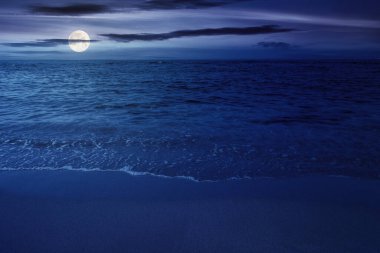 night scenery at the sea. calm waves washing the sandy beach in full moon light. transparent water and bright blue sky