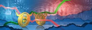 bullish btc stopped by bearish jpy or cny. foreign exchange market 3d illustration of bitcoin to japanese yen or chinese yuan. currency represented as golden coins