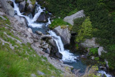 countryside scenery with river. trees and stones along the shore down the hill. view from above