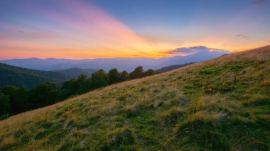 Yeşil dağ manzarası. Bulutlu bir gökyüzünün altındaki çayırlar ve orman tepeleri. Sıcak yaz manzarası alacakaranlıkta
