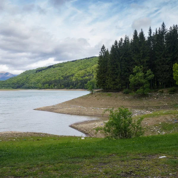 stock image tereblya river water reserve. beautiful landscape in mountains polluted with plastic and garbage. drought in spring season