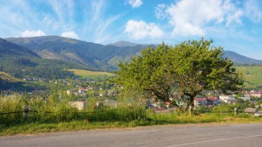 Yeşil tepeler ve görkemli dağlarla çevrili huzurlu bir manzara. Kırsal arazide uzanan yollar huzurlu bir sabah manzarası sunuyor.