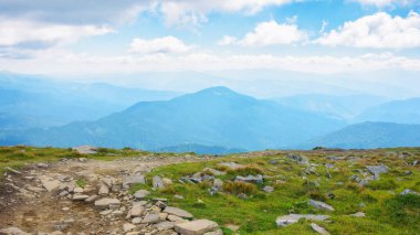 Yeşil yuvarlanan tepelerden geçen patika. Yazın güneşli bir günde kırsal dağ manzarası. Uzaktaki dağ sırtı. Ukrayna 'da yaz tatili