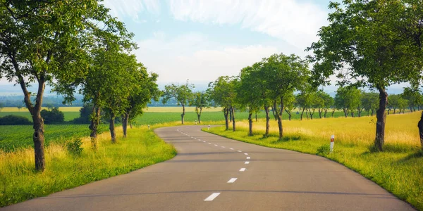 Droga Wieje Przez Bujną Zieloną Okolicę Przejazd Przez Malownicze Tereny — Zdjęcie stockowe