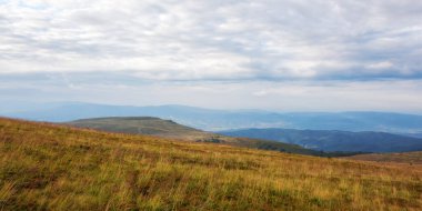 Çimenli çayırları olan karpatlar. uzak kırsal vadiye bakın.