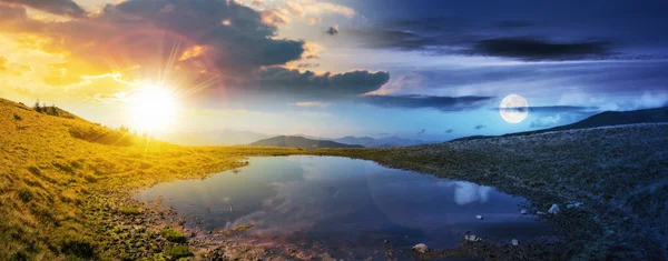 Day Night Time Change Mountain Pond Gorgeous Equinox Concept Sun — Stock Photo, Image