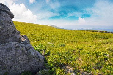 Dağlardaki yeşil tepeler ve çayırlar. Bulutlu bir gökyüzünün altındaki çimenlerin arasındaki taşlar. Ukrayna 'da yaz tatili