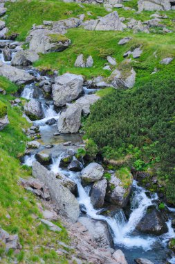 countryside scenery with river. trees and stones along the shore down the hill. view from above