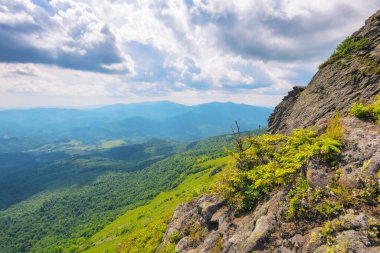 summer mountain landscape. rocks on the grassy hills. beautiful scenery on a sunny day