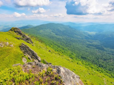 Kırsal yaz manzarası. Çimenli tepeler ve dik yamaçlar. Karpat dağlarında harika maceralar