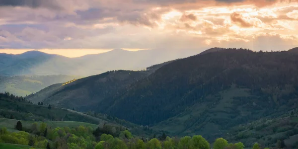 Landschap Met Heuvels Weiden Een Bewolkte Avond Het Voorjaar Bergachtige — Stockfoto