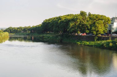 Bulutlu bir sabahta nehir manzarası. Yaz mevsiminde yemyeşil ağaçlar