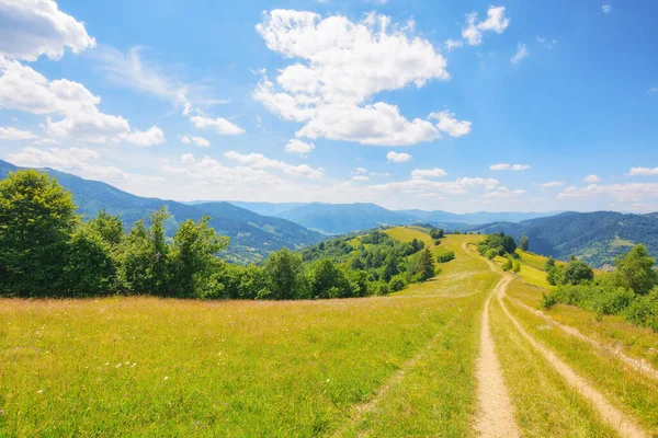 遠くの谷に転がり込む丘や草原の下の田舎道 夏のウクライナ人カルパチア人の山岳地帯の風景 — ストック写真