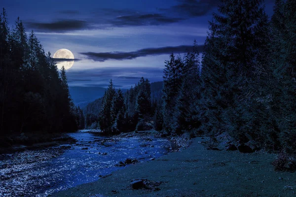 夜の秋の風景 満月の光で山の麓の松林の近くを流れる川の岩場 — ストック写真