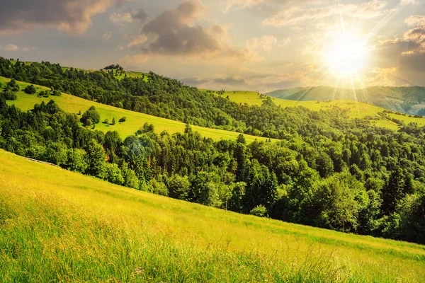 Landschap Met Velden Bos Een Heuvel Bij Zonsondergang Prachtig Landschap — Stockfoto
