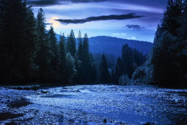 Geceleri Dağ Nehri Olan Doğa Manzarası Sahilde Taşlar Dolunay Işığında — Stok fotoğraf