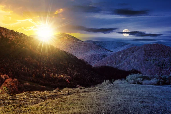 Day Night Time Change Concept Autumn Landscape Sun Moon Twilight — Stock Photo, Image