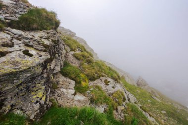 Romen Karpatlar için tehlike ve güzellik. Sisin içinde kayalık dik yamaçlar. bulutlu gökyüzü