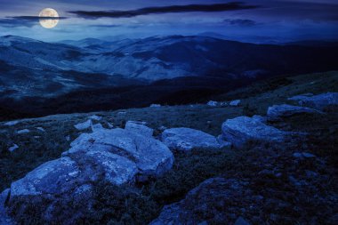 Geceleri yamacın yamacında beyaz kayalar olan dağ manzarası. Dolunay ışığında harika bir kır manzarası