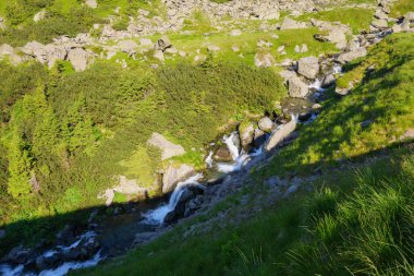 countryside scenery with river. trees and stones along the shore down the hill. view from above
