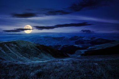 Yüksek dağlardaki yamaçtaki çayırlarda geceleri bulutlu mavi gökyüzünün altında çimenler. Dolunay ışığında muhteşem doğa manzarası