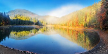 Gölü olan sonbahar manzarası. Mavi gökyüzü ve su yüzeyine yansıyan sisli güneşli sabah manzarası. Synevyr Ulusal Parkı, Ukrayna
