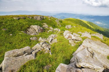 Çimenli yamaçtaki kayalar. Dağlık yaz manzarası. Mavi gökyüzündeki bulutlar