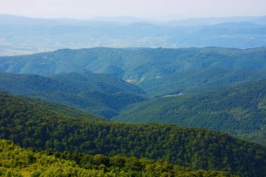 Dağları ve vadileri olan doğa manzarası. Yazın ormanlık kayan tepelerle manzara
