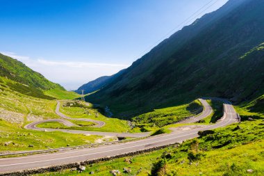 Transfagarasan yolu yeşil vadiden geçiyor. Yazın Romanya 'nın ibne dağlarının güzel manzarası. Avrupa 'nın popüler seyahat hedefi