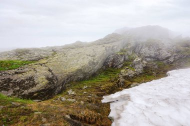 Alp yamacındaki taşlar ve kayalar. Sisin içinde açık hava maceraları. Yazın dağlık Romanya manzarası
