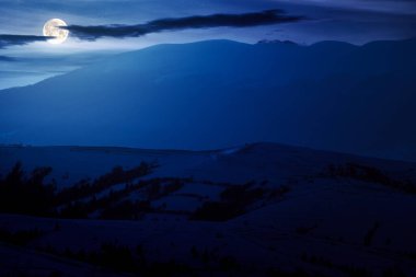 Geceleri kışın dağlık kırsal alan manzarası. Karda kırsal arazileri olan, dolunay ışığında tepeleri kaplayan manzara.