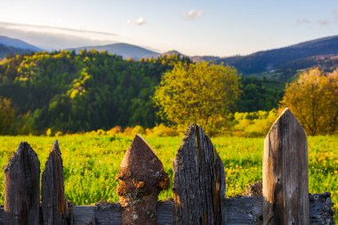 Yıpranmış ahşap çitler. Transcarpathia 'nın dağlık kırsal manzarası, ilkbaharda Ukrayna' nın uzak mesafelerde bulanıklaşması. Güneşli bir akşamda, masmavi gökyüzünün altında yuvarlanan orman tepeleri ve beyaz kabarık bulutlarıyla Karpatlar kırsalında