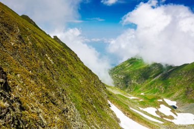Yazın Transilvanya Alpleri manzarası. Çimenlerin arasında kar lekeleri bulutlu bir gökyüzünün altında homoların kayalık tepelerinde. Romanya 'nın dağlarında popüler bir seyahat merkezi
