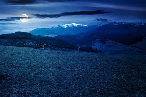carpathian countryside landscape at night in spring. meadow on the hill and mountain range with snow capped tops in full moon light