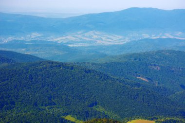Yazın dağlık kayan bir manzara. Sabah ışığında doğa arkaplanı
