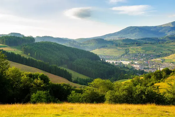 夏天阳光灿烂的早晨 喀尔巴阡山畔的乡村风景 山上的森林和山谷里的城镇 在明亮的蓝天下很远的地方 有一个宝拉华山脉 免版税图库图片