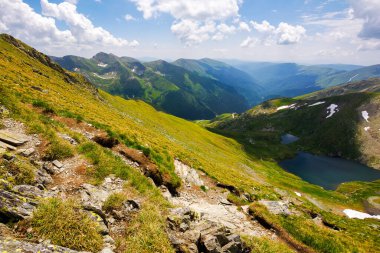 Güneşli bir günde Capra Lake of Nonoş. Romanya 'nın dağlarındaki yaz manzarası. Transilvanya Alplerinin popüler seyahat noktası