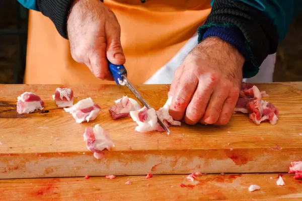 Hecha Ukraine Jan 2018 Pork Butchers Competition Process Preparing Meat Εικόνα Αρχείου