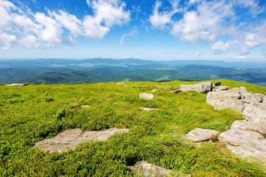 Yazın Ukraynalı Karpatların Alp manzarası. Yeşil çayırdaki taşlardan bahsediyorum. Çok hoş. Mt 'nin güzel manzarası. Güneşli bir günde mavi gökyüzünün altında bulutsuz
