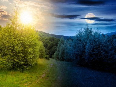 Yaz gündönümünde yaprak döken ormanda yol. Tepenin üzerinde güneş ve ay var. Gündüz ve gece zaman kavramını değiştirir