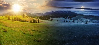 Gündüz ve gece kırsal alan değişiminin birleşik görüntüsü. Güzel tarım arazileri için ideal bir manzara. Yuvarlanan tepeler Dağlardaki kırsal manzara. Bahar ekinoksu ya da yaz gündönümü