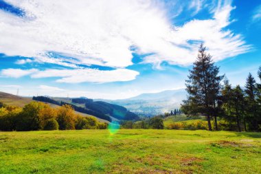 Dağlık kırsal bölge Transcarpathia, Ukrayna. Çimenli çayırlardan kayan kırsal vadiye bakın. Karpat Dağları 'nın tepesindeki ağaçlar. Güneşli hava, güzel bulutlu hava