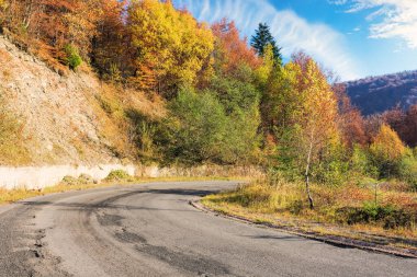 Sonbaharda dağda asfalt köy yolu. Sonbahar yapraklarıyla tepedeki orman. Güneşli bir hava. Ukrayna kırsalına yolculuk