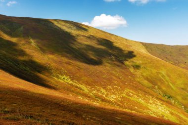 Borzhava Tepesi 'nin dik yamaçlarının manzarası. Noktalı ışıkta karpatların manzarası. Yazın sonlarında Transcarpathia 'nın popüler seyahat merkezi
