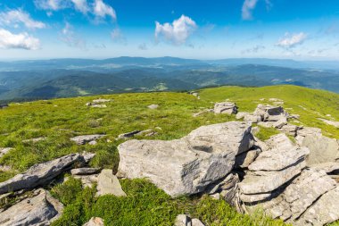 Yüksek dağ yaz manzarası. Yamacın yamacına yakın bir tepenin tepesindeki çimlerin arasında büyük taşlar olan çayır. Cennet Karpat Dağları 