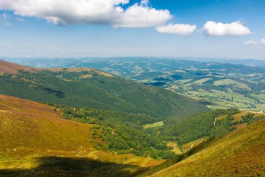 uzak kırsal vadiye bakın. Dağlık kırsal alan. Yeşil çayırlar ve yuvarlanan orman tepeleri. Ukrayna 'daki Karpatların güzel doğa manzarası